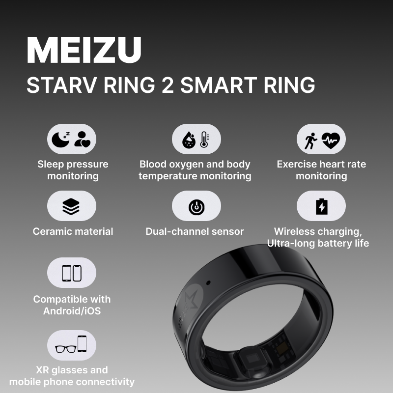 Meizu StarV Ring 2 Smart Ring | AI Health Data Monitoring and Analysis, IP68 Level Waterproofing, Blood Sugar Monitoring, Sleep Monitoring, Heart Rate Tracking, Wireless Charging