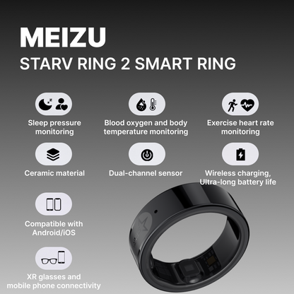 Meizu StarV Ring 2 Smart Ring | AI Health Data Monitoring and Analysis, IP68 Level Waterproofing, Blood Sugar Monitoring, Sleep Monitoring, Heart Rate Tracking, Wireless Charging