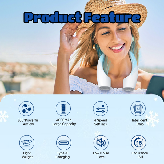 AI Neck Fan | 360° Airflow, Cooling, Noise Reduction, Low Noise, Wearable Fan, 4-speed Adjustment, Portable Fan, Suitable for Home, Office, Travel, Outdoor